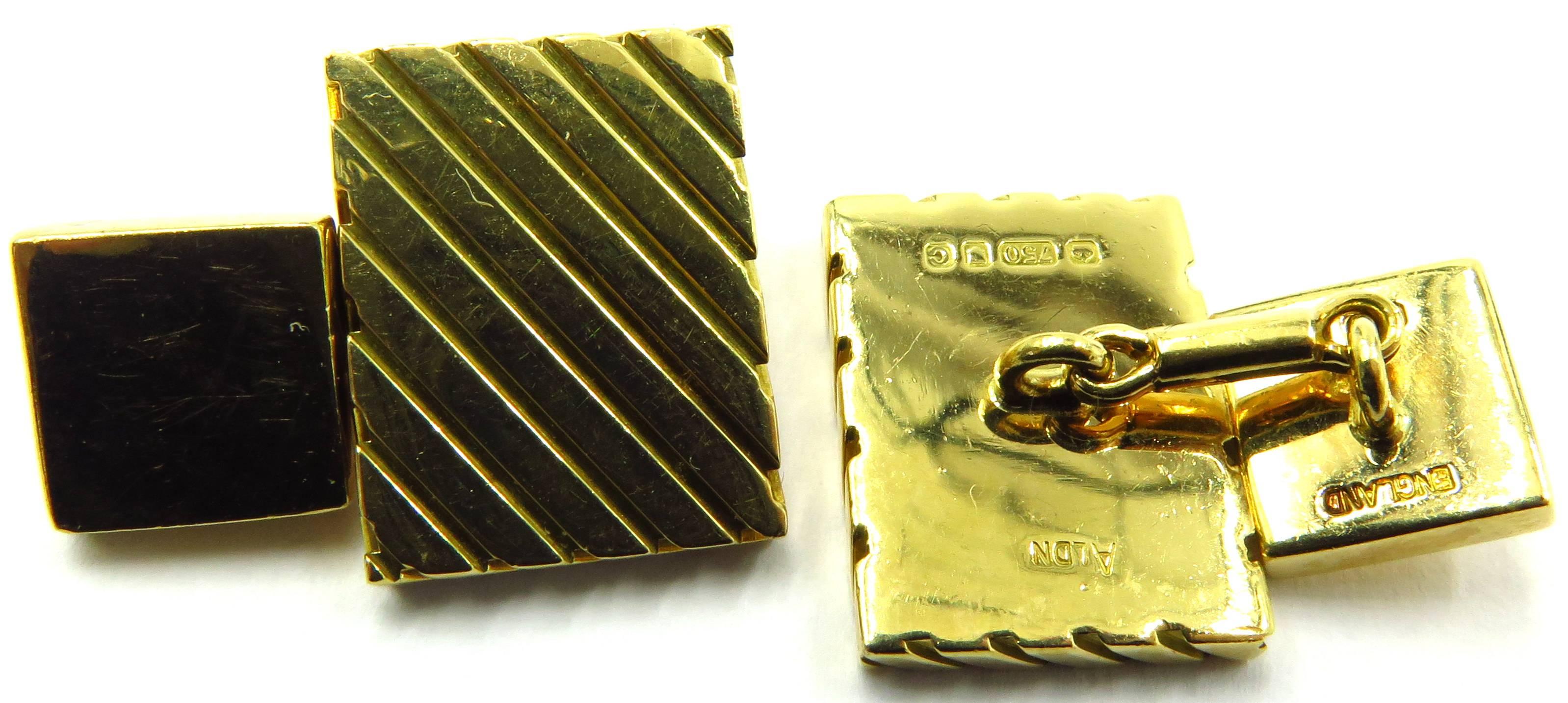 These are very heavy and well made 18k cufflinks. The backs have hallmarks and are signed Asprey. 
The larger rectangular section measures 11/16 inch by 1/2 inch
The square section measures 3/8 inch square
The cufflilnks weigh 30.3 grams