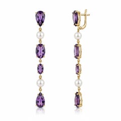 Amethyst & Pearl Drop Multi-Shape Earrings, silver, gold