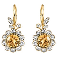 Art Nouveau Citrine Flower and Leaf Drop Earrings, silver, gold