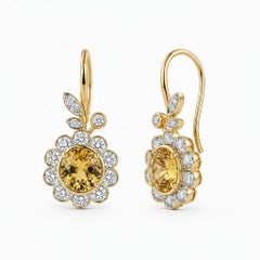 Art Nouveau Citrine Flower and Leaf Drop Earrings, silver, gold