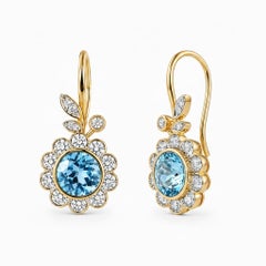 Art Nouveau Topaz Flower and Leaf Drop Earrings, silver, gold