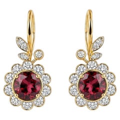 Art Nouveau Garnet Flower and Leaf Drop Earrings, silver, gold