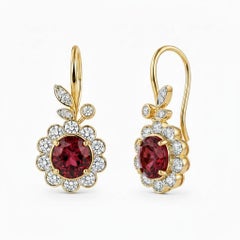 Art Nouveau Garnet Flower and Leaf Drop Earrings, silver, gold