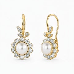 Art Nouveau Pearl Flower and Leaf Drop Earrings, silver, gold