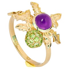 14 K Gold Scottish Thistle Ring with Amethyst and Peridots