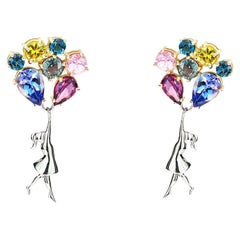 Banksy Inspired Girl on Balloons Earrings Studs with Multicolor Gemstones