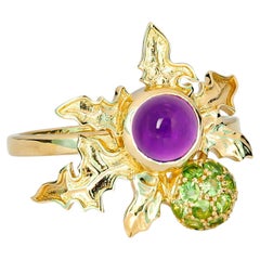 Ring with Amethyst and Peridots. Scottish Thistle ring
