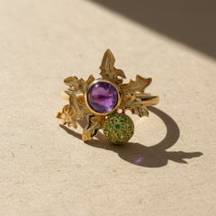 Ring with Amethyst and Peridots. Scottish Thistle ring