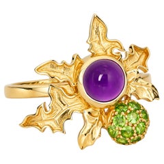 Ring with Amethyst and Peridots. Scottish Thistle ring
