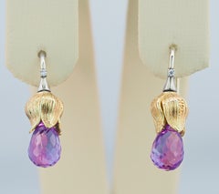 Flower Design 14k Gold Earrings with Amethysts and Diamonds