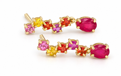 14k Gold Earrings Studs with Multicolor Sapphires and Rubies