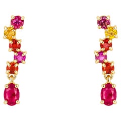 14k Gold Earrings Studs with Multicolor Sapphires and Rubies
