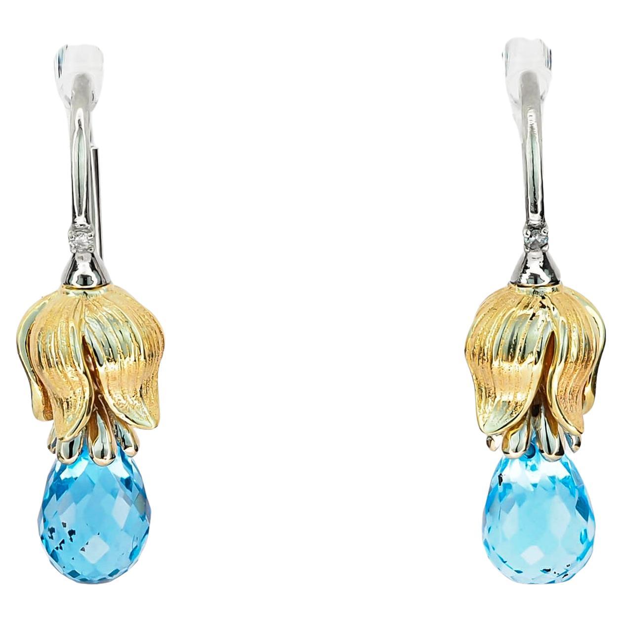 Topaz earrings in 14k gold. Briolette topaz earrings. Flower earrings For Sale