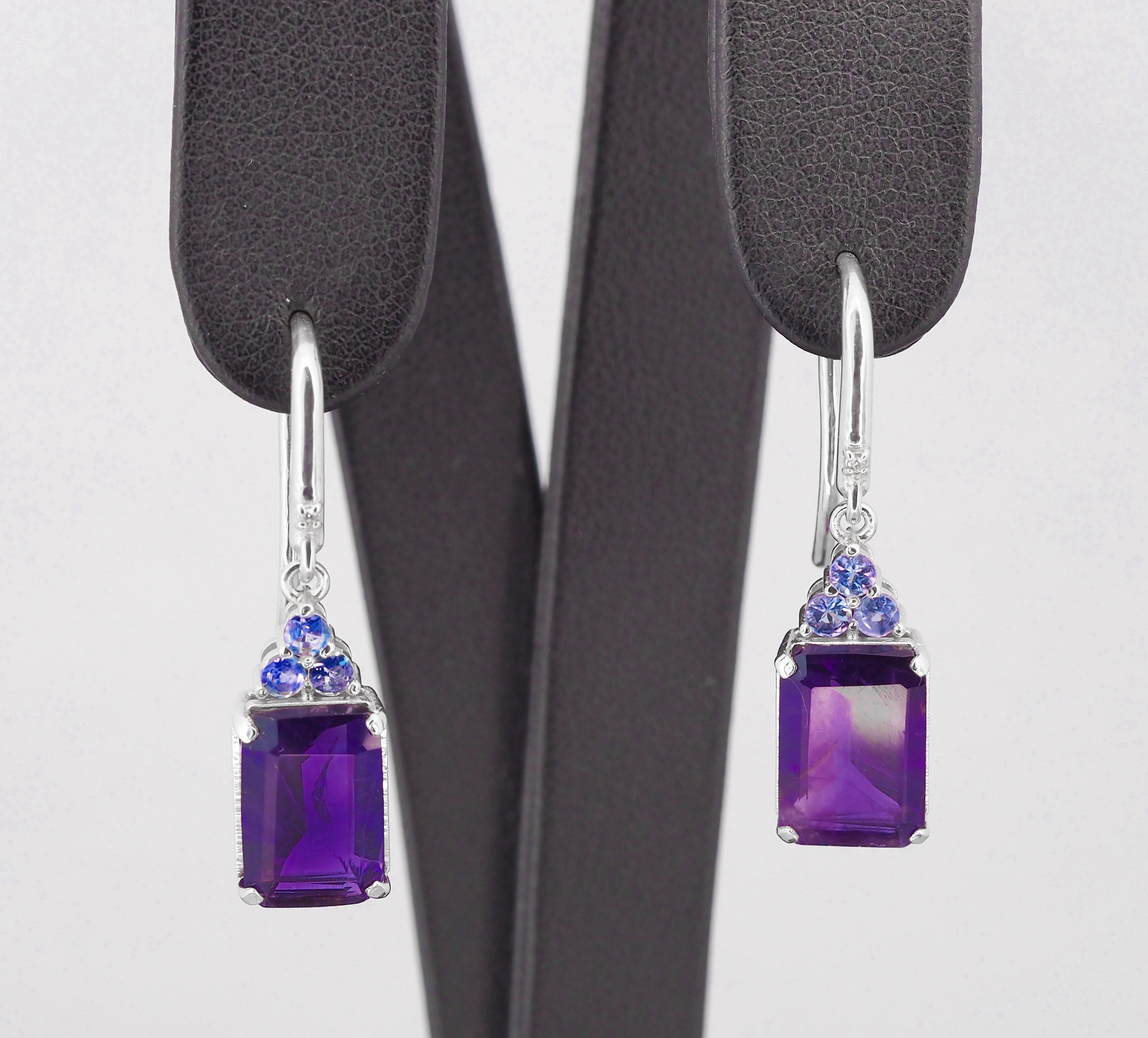 14 Kt White Gold Earrings with Amethysts, Tanzanites and Diamonds! For Sale