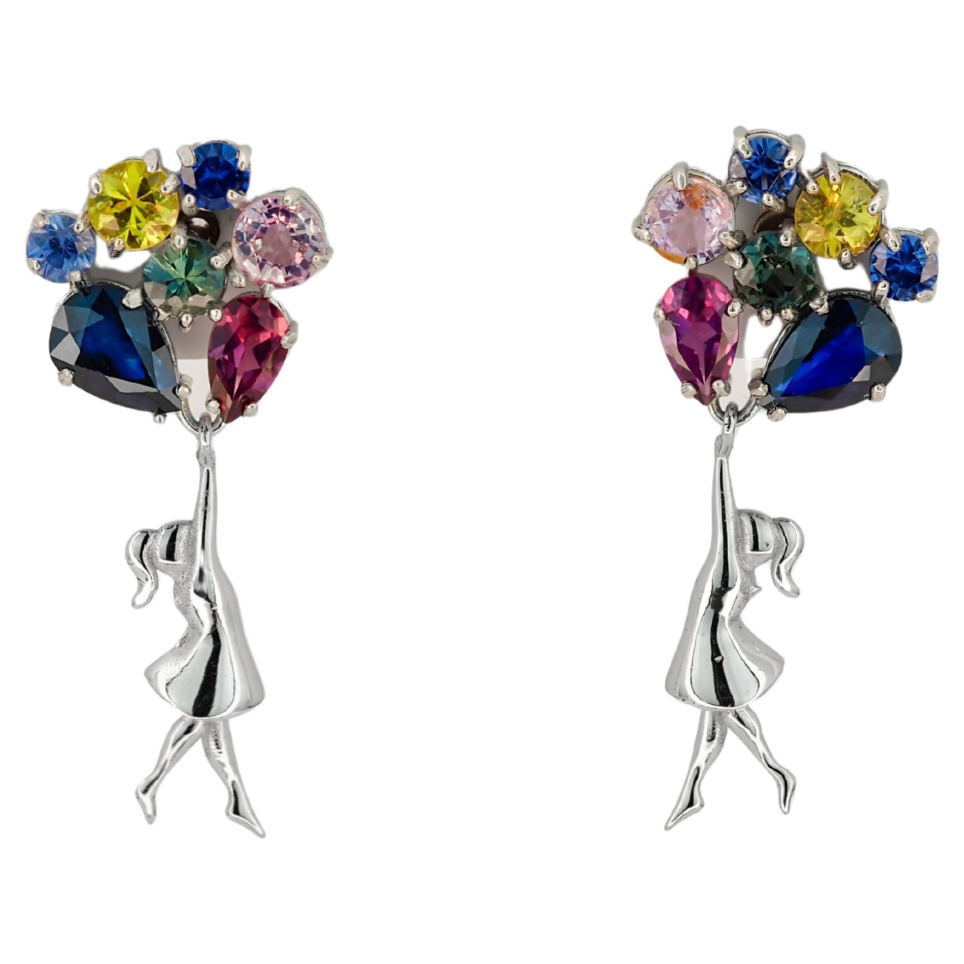 Girl on Balloons 14k gold Earrings Studs. Sapphires earrings in 14k gold.
