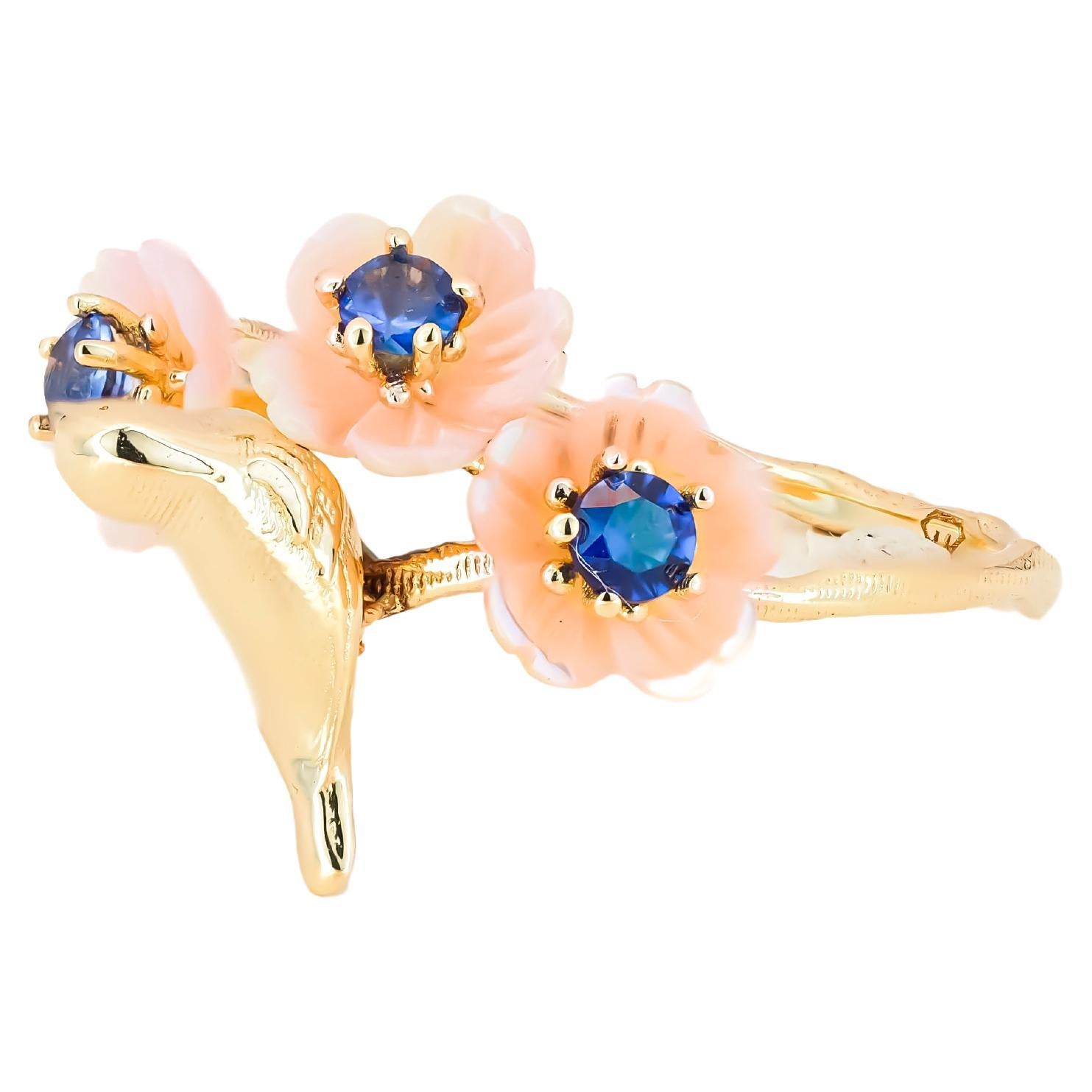 For Sale:  14k Gold Bird on Branch Ring. Sapphires and Carved Mother of Pearl ring! 7