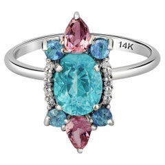 14k Gold Ring with Paraiba Color Apatite Sapphires and Diamonds