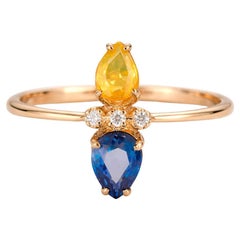 14k Gold Ring in Art Deco Style with Central Sapphires and Diamonds