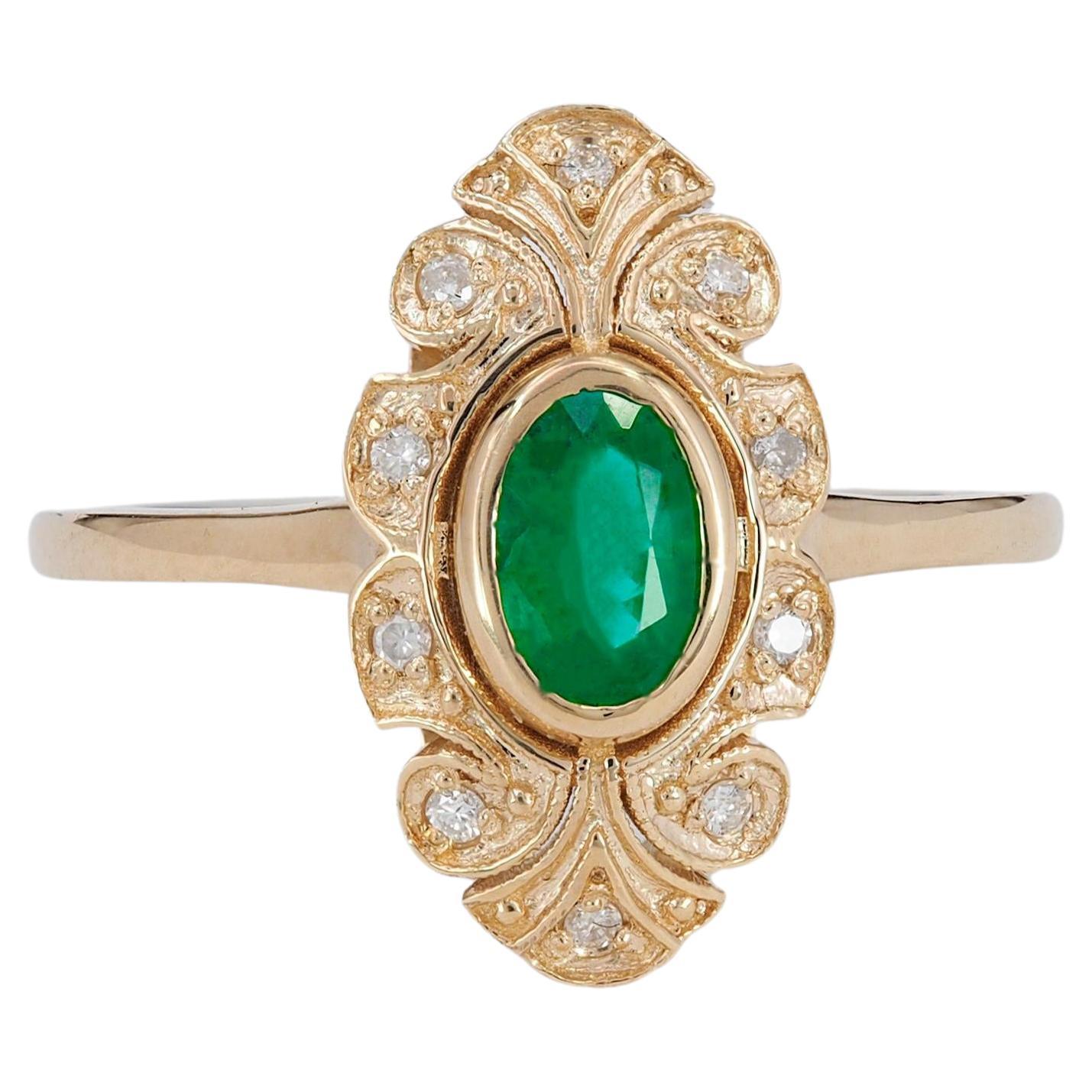 14k Gold Ring with Oval Emerald, Vintage Inspired Ring