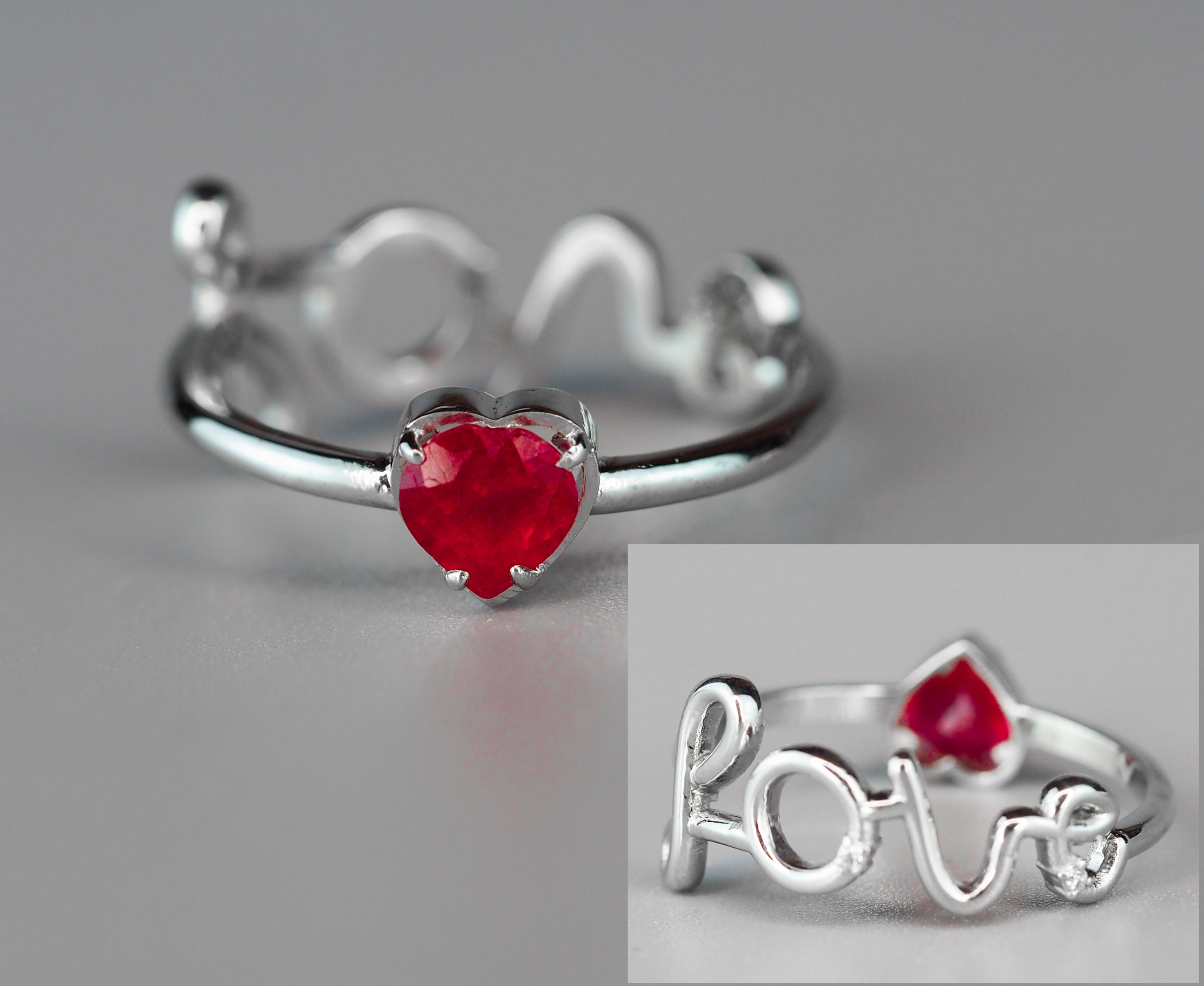 For Sale:  14k Gold Ring with Heart Ruby and Diamonds