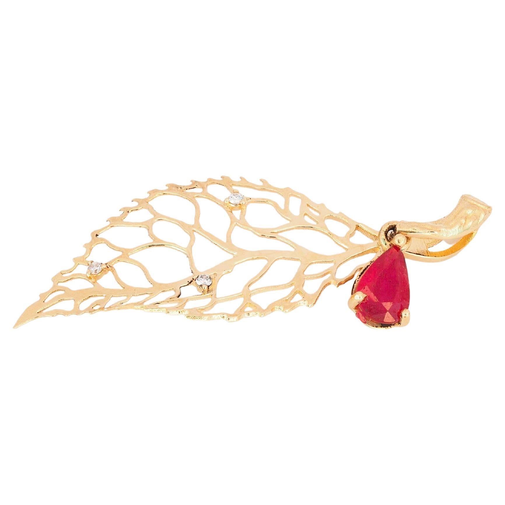 Pear ruby 14k gold leaf pendant