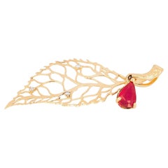 Pear ruby 14k gold leaf pendant