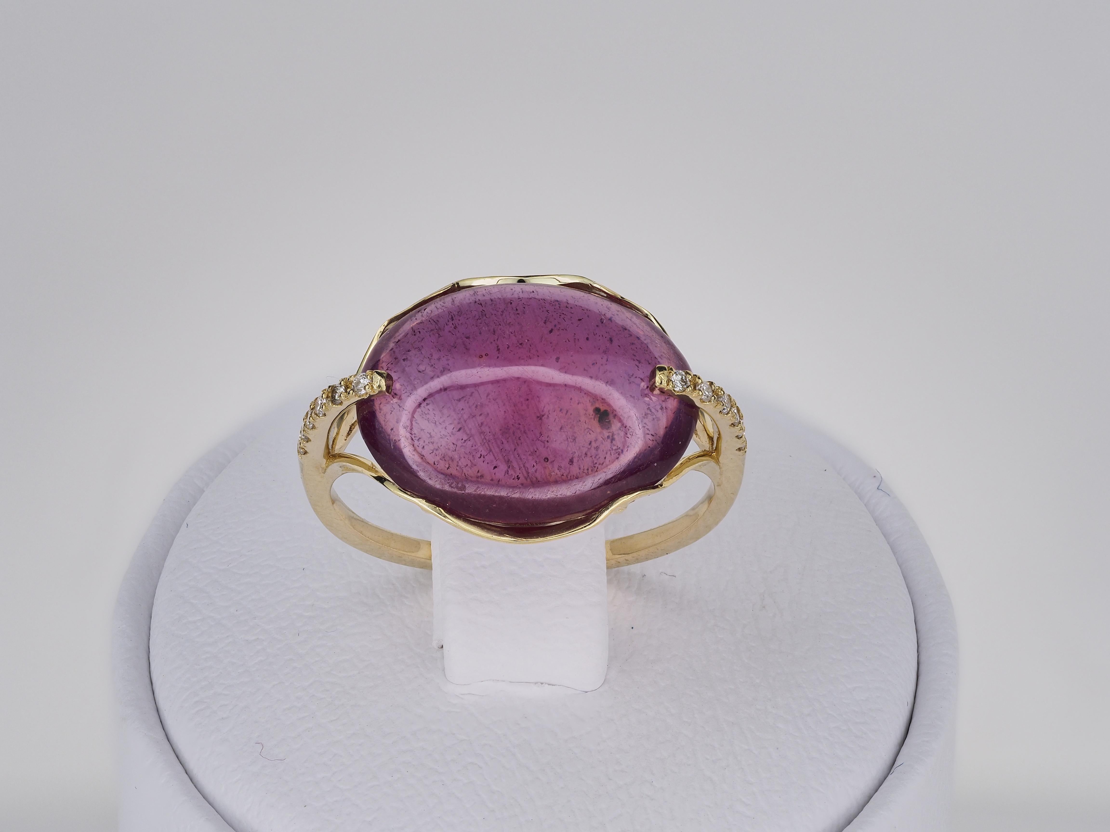 14 Karat Gold Ring with Cabochon Ruby and Diamonds. July birthstone ruby ring 12