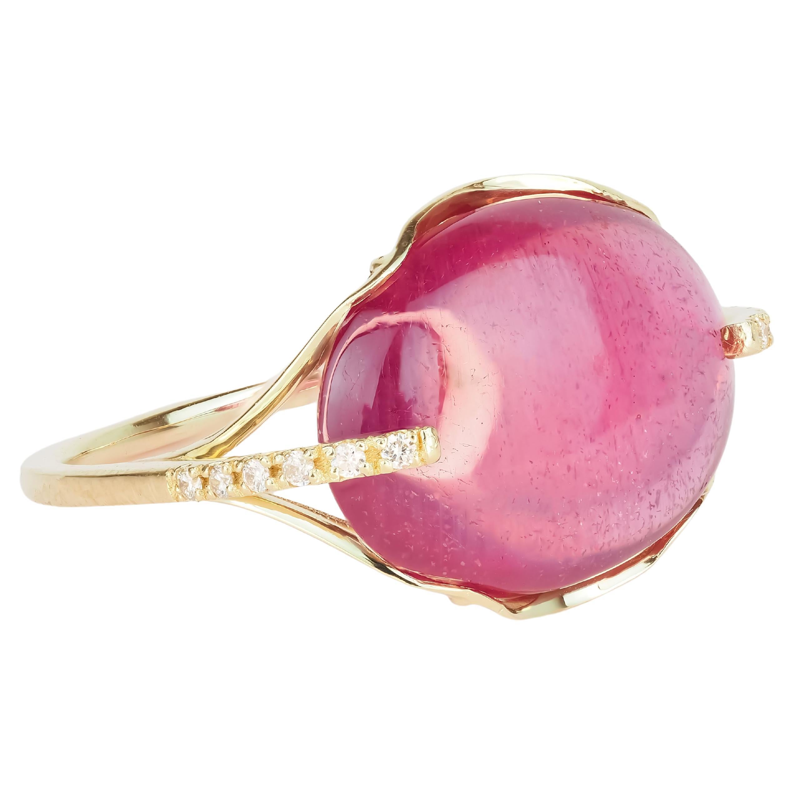 Women's 14 Karat Gold Ring with Cabochon Ruby and Diamonds. July birthstone ruby ring