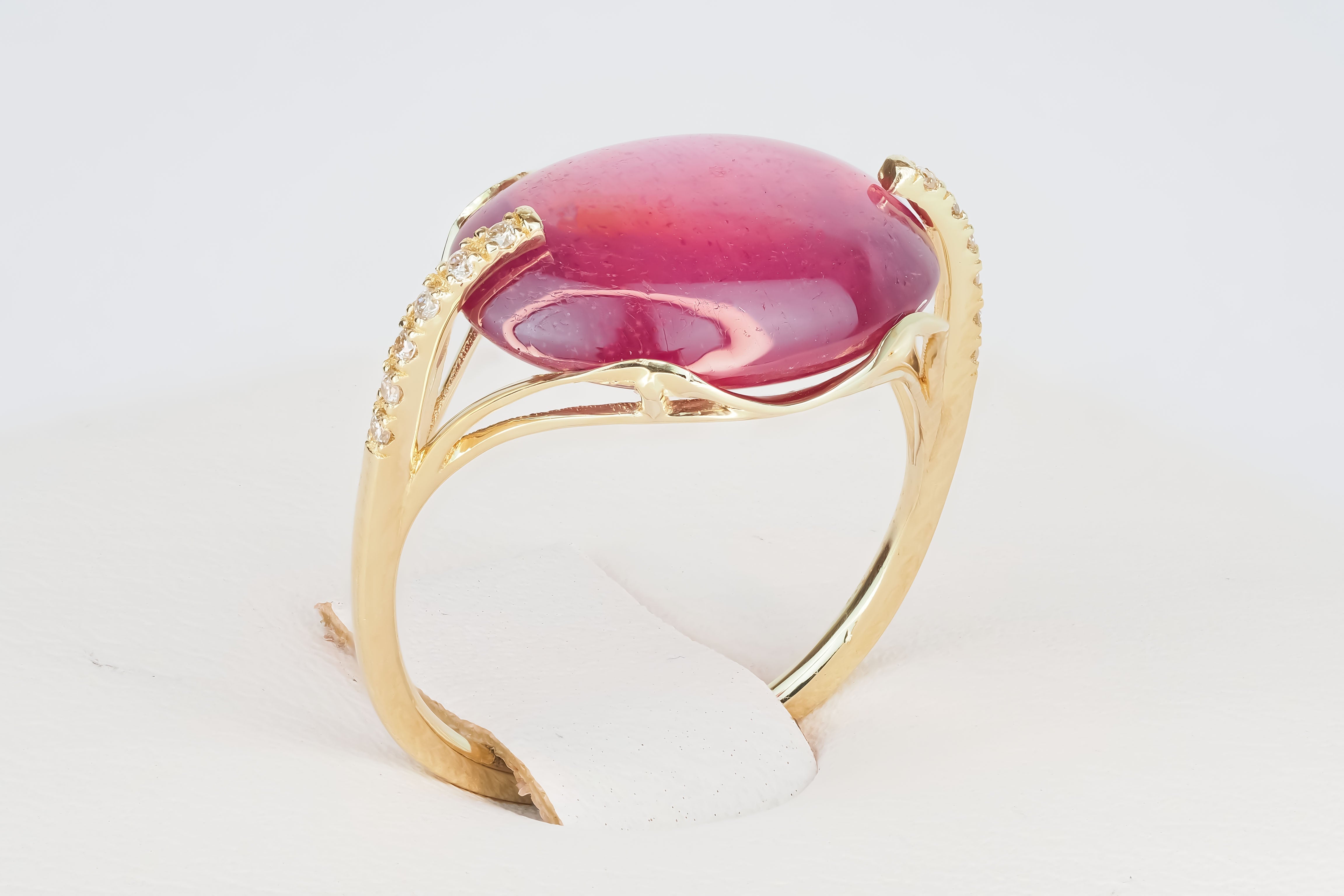 Modern 14 Karat Gold Ring with Cabochon Ruby and Diamonds. July birthstone ruby ring