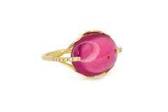 14 Karat Gold Ring with Cabochon Ruby and Diamonds. July birthstone ruby ring