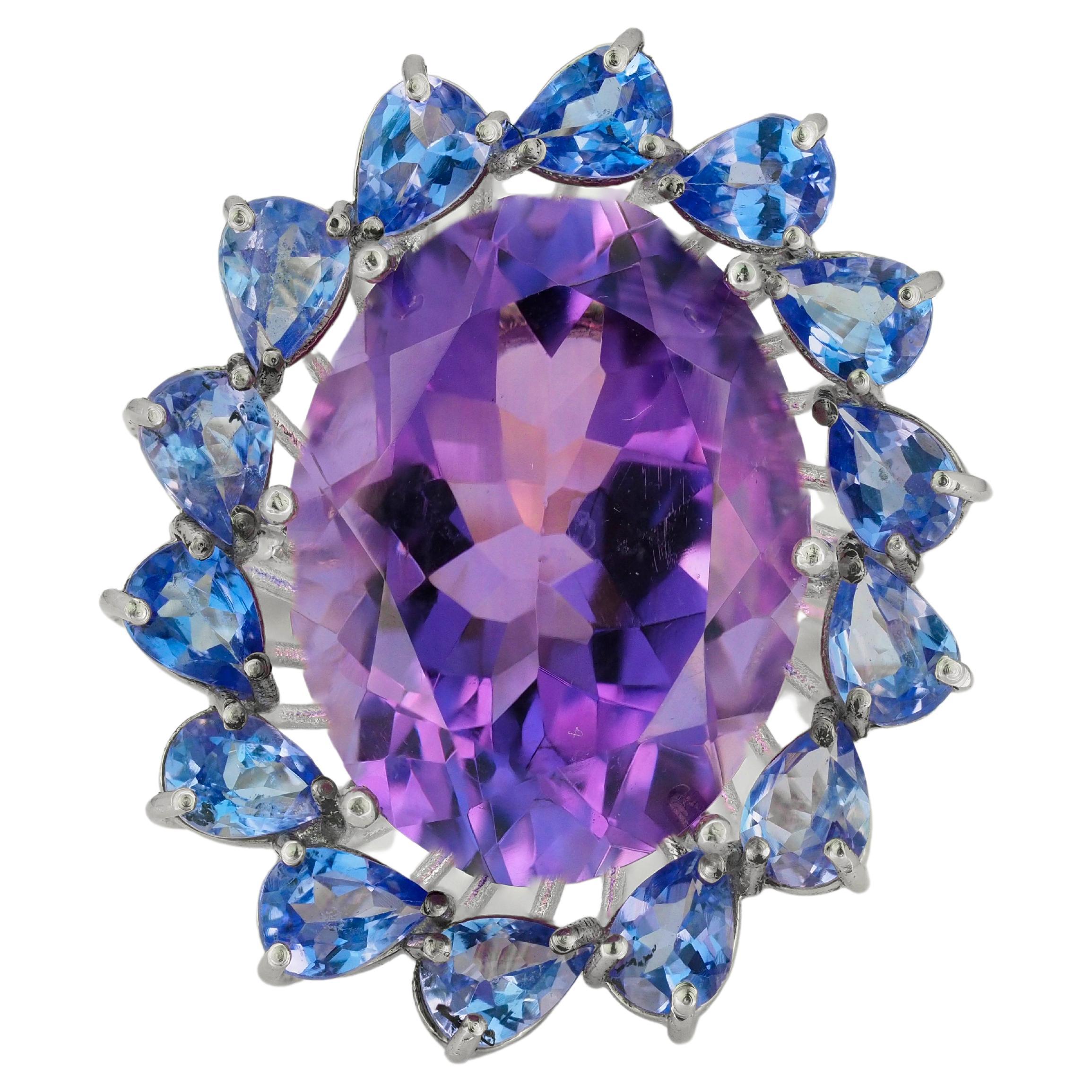 14k Gold Cocktail Ring with Amethyst, Tanzanites and Diamonds 1