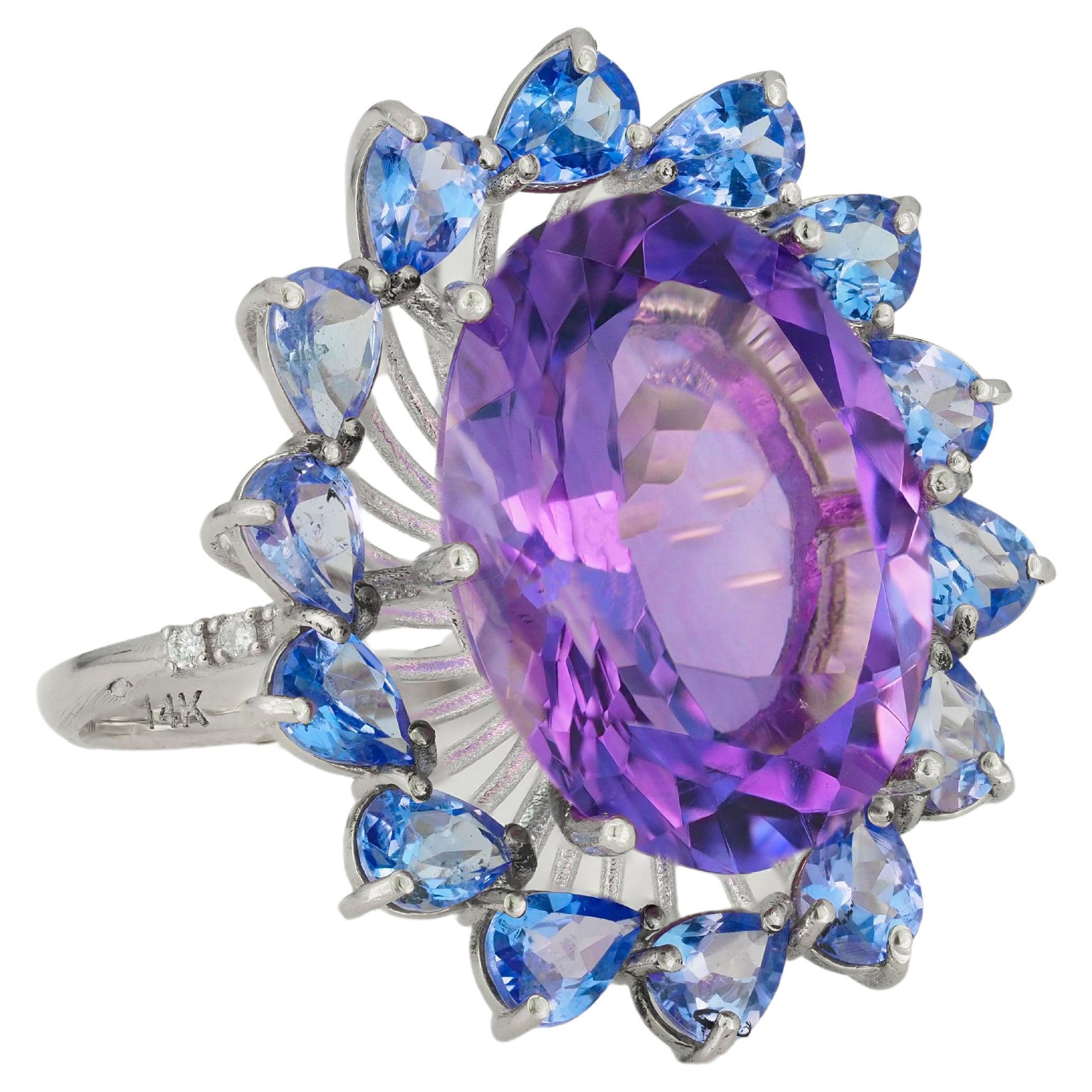 Women's 14k Gold Cocktail Ring with Amethyst, Tanzanites and Diamonds