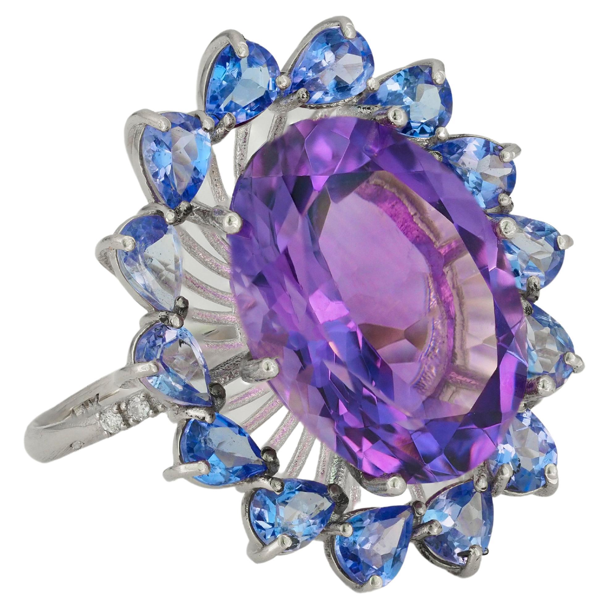 14k Gold Cocktail Ring with Amethyst, Tanzanites and Diamonds In New Condition In Istanbul, TR