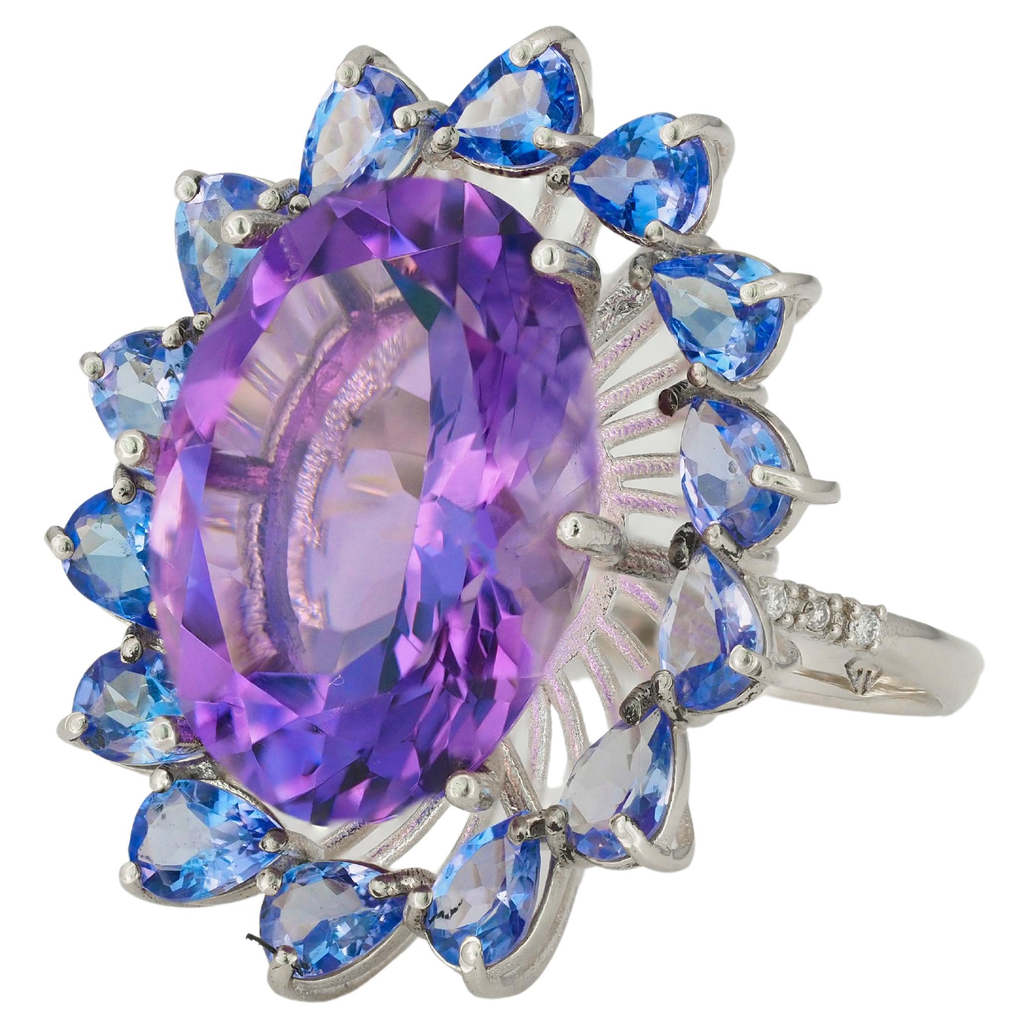 Oval Cut 14k Gold Cocktail Ring with Amethyst, Tanzanites and Diamonds
