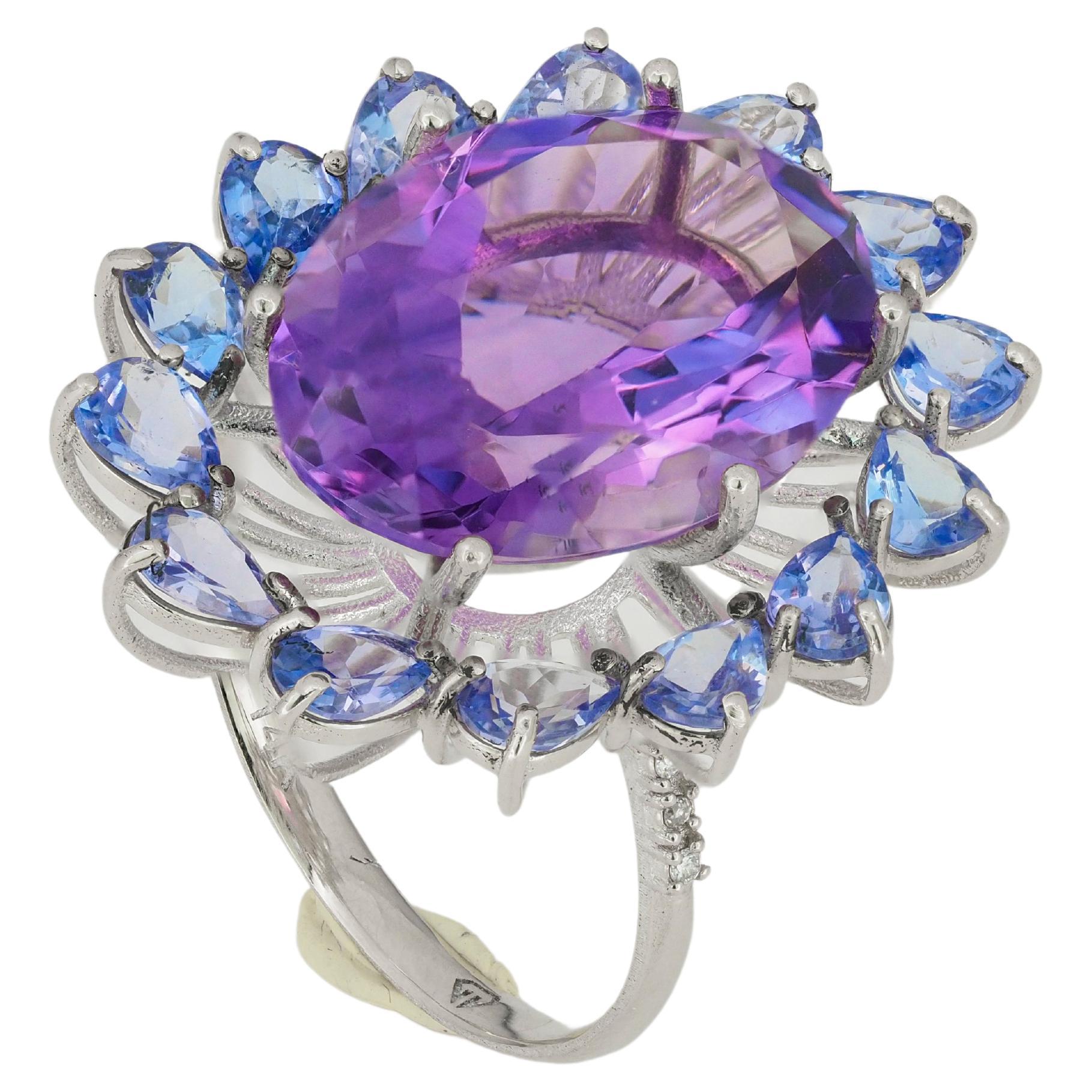 Modern 14k Gold Cocktail Ring with Amethyst, Tanzanites and Diamonds
