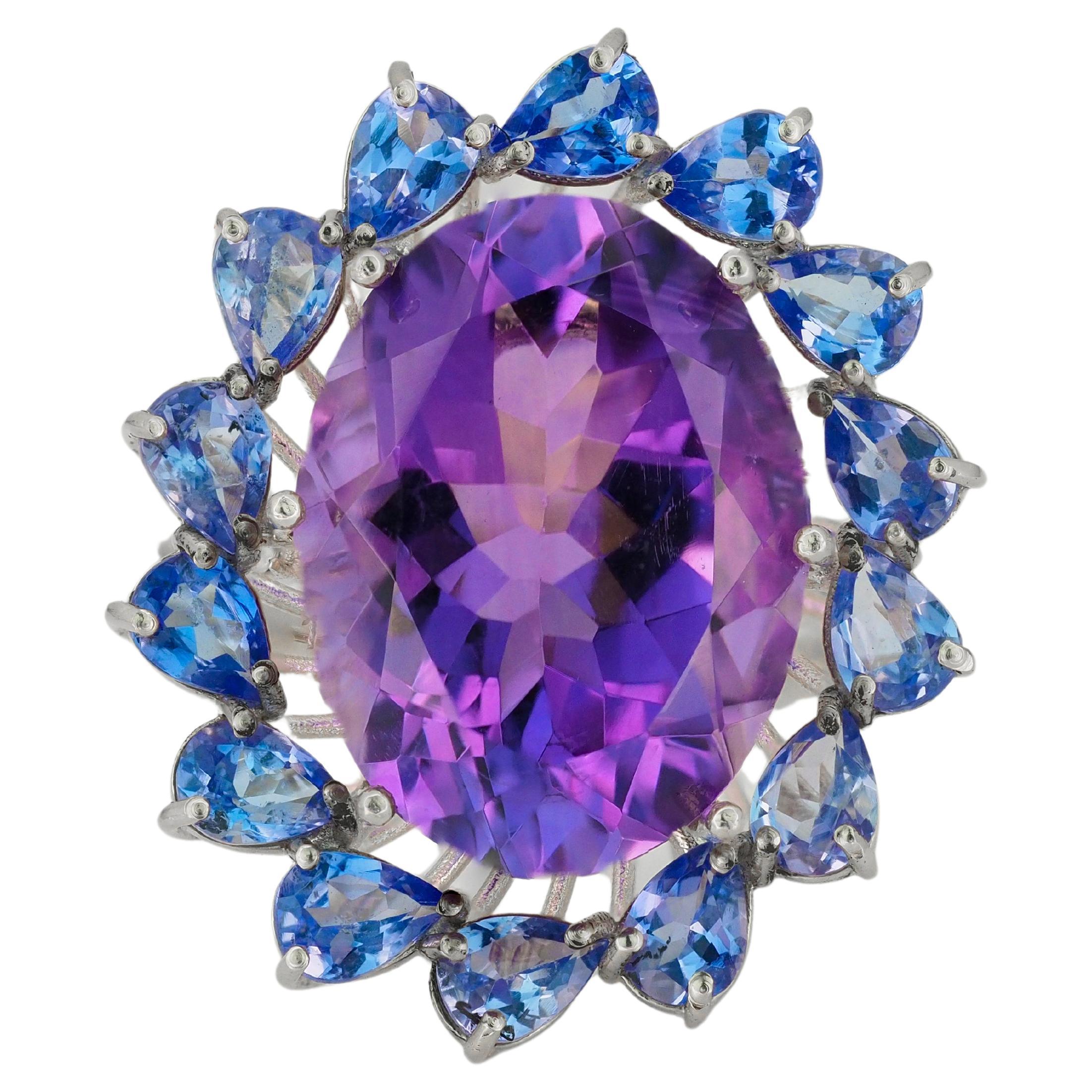 14k Gold Cocktail Ring with Amethyst, Tanzanites and Diamonds