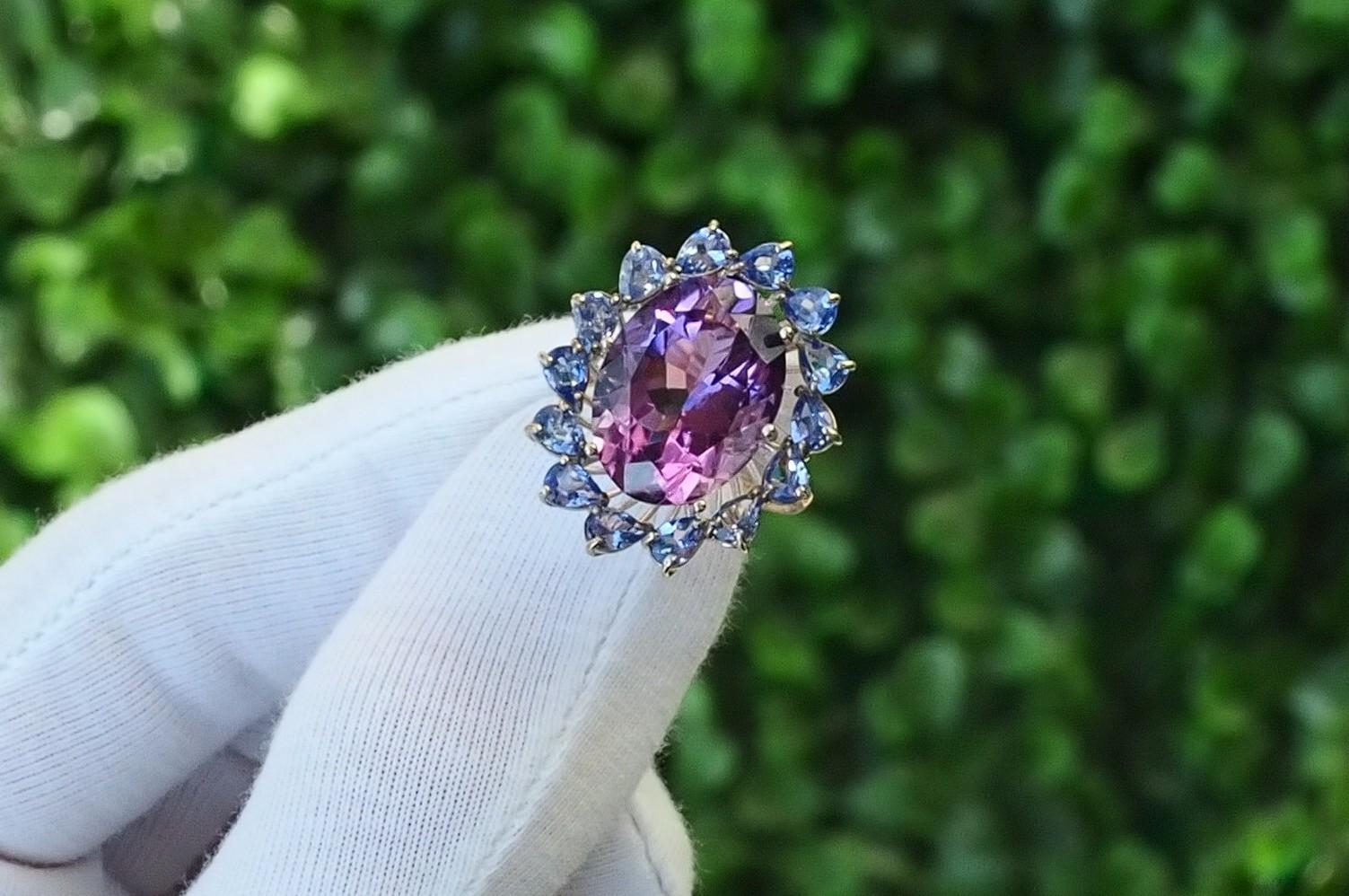 14k Gold Cocktail Ring with Amethyst, Tanzanites and Diamonds 10