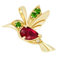 14k Gold Hummingbird Pendant with Rubies, Bird Pendant with Colored Gemstones