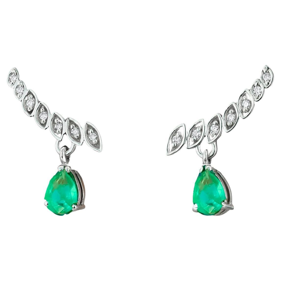 14k Gold Earrings with Pear Emeralds and Diamonds