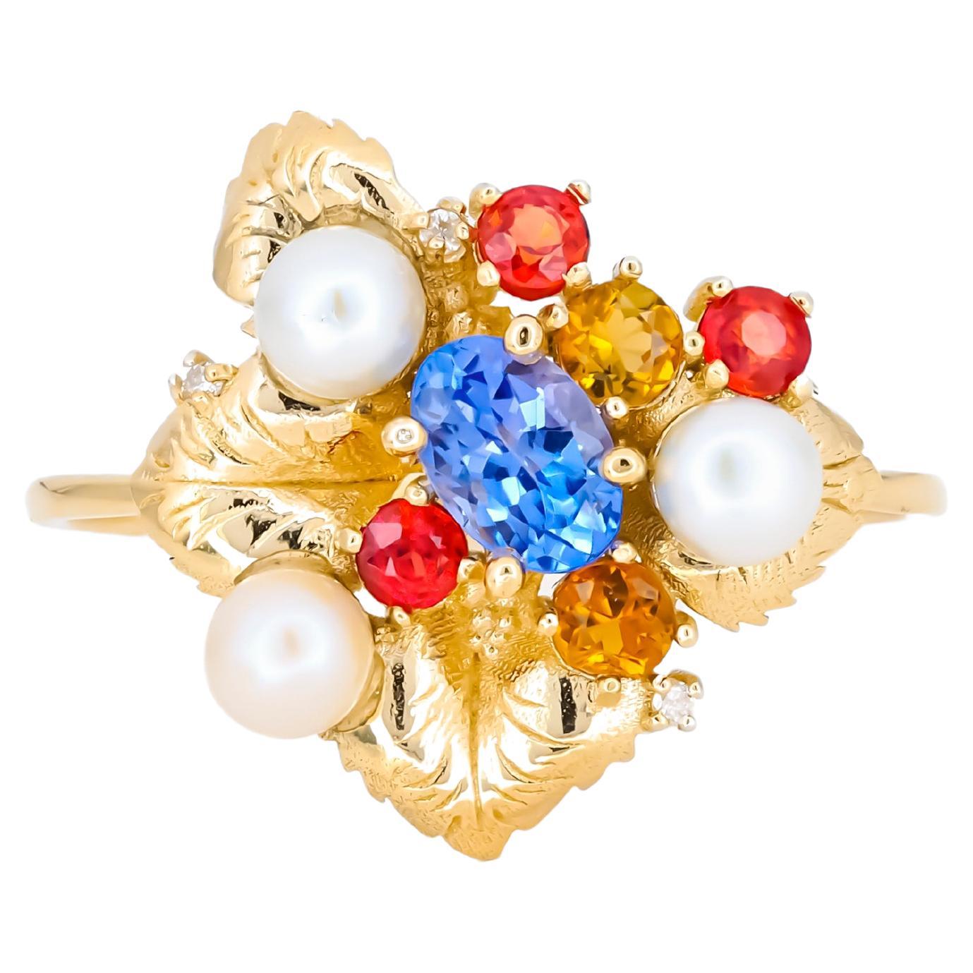 Im Angebot: Tansanit 14k Gold Ring, Blumenring mit Tansanit ()