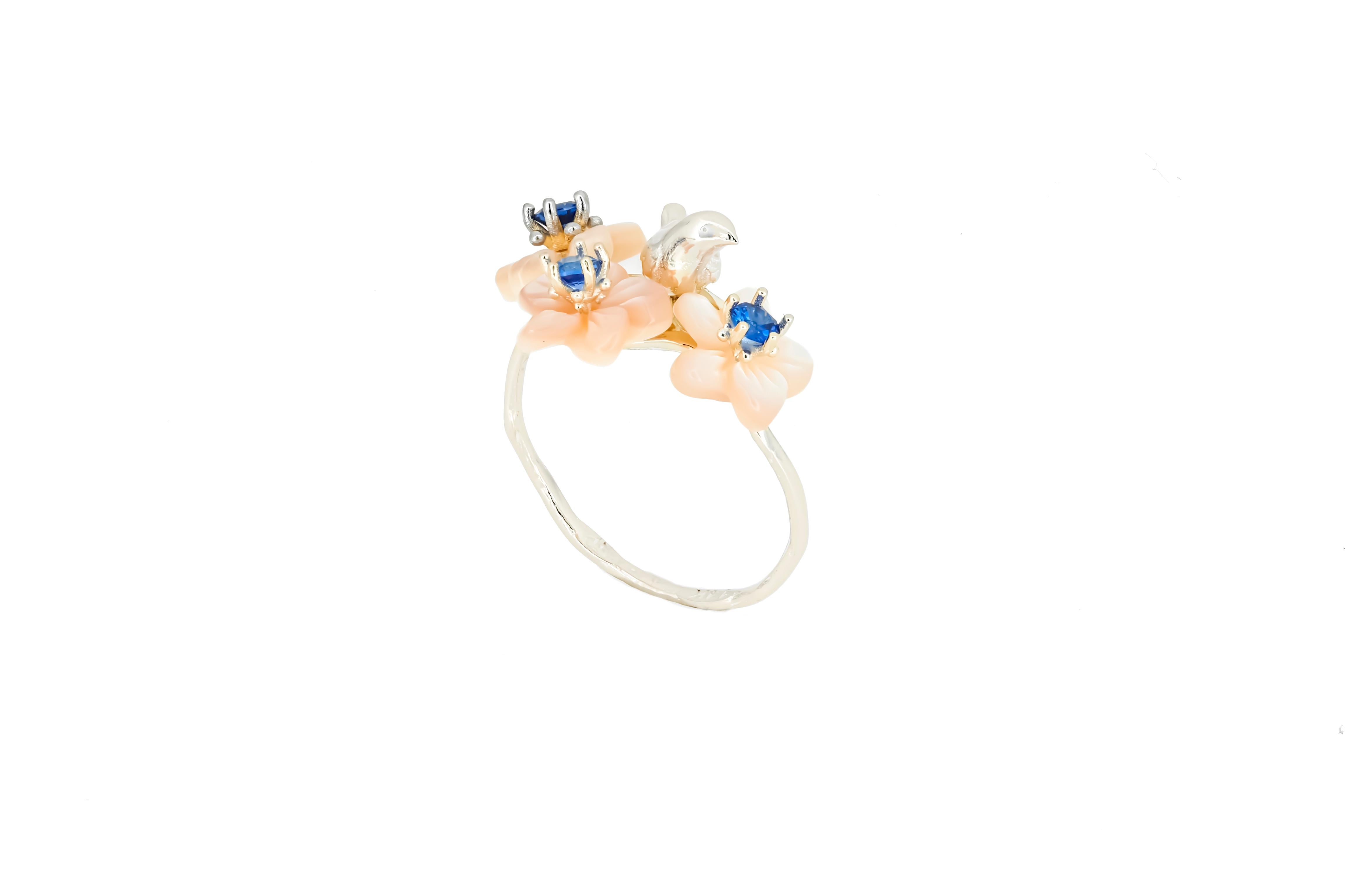 14k Gold Bird on Branch Ring with Sapphires and Carved Mother of Pearl Flowers 7