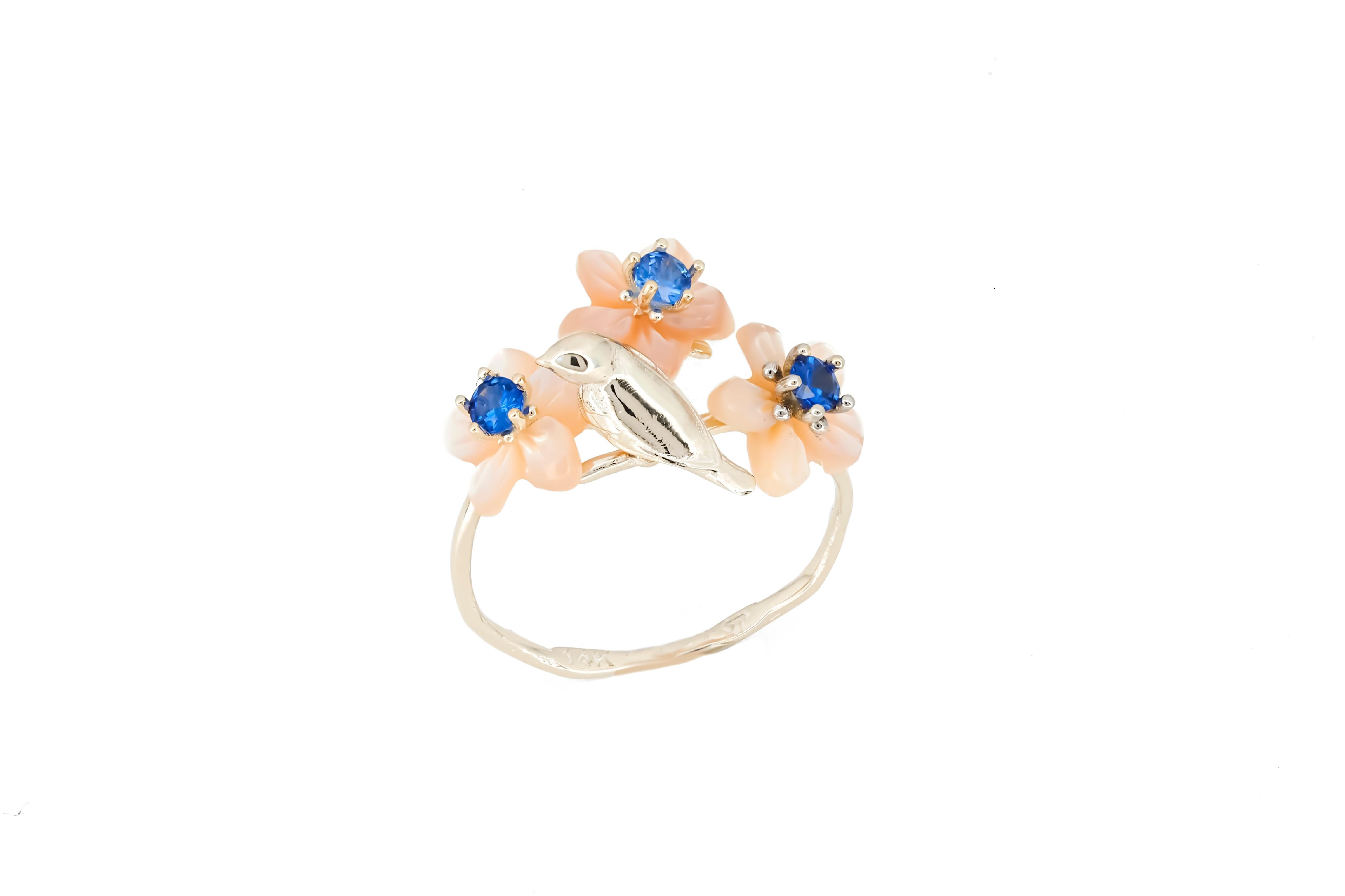 14k Gold Bird on Branch Ring with Sapphires and Carved Mother of Pearl Flowers 6