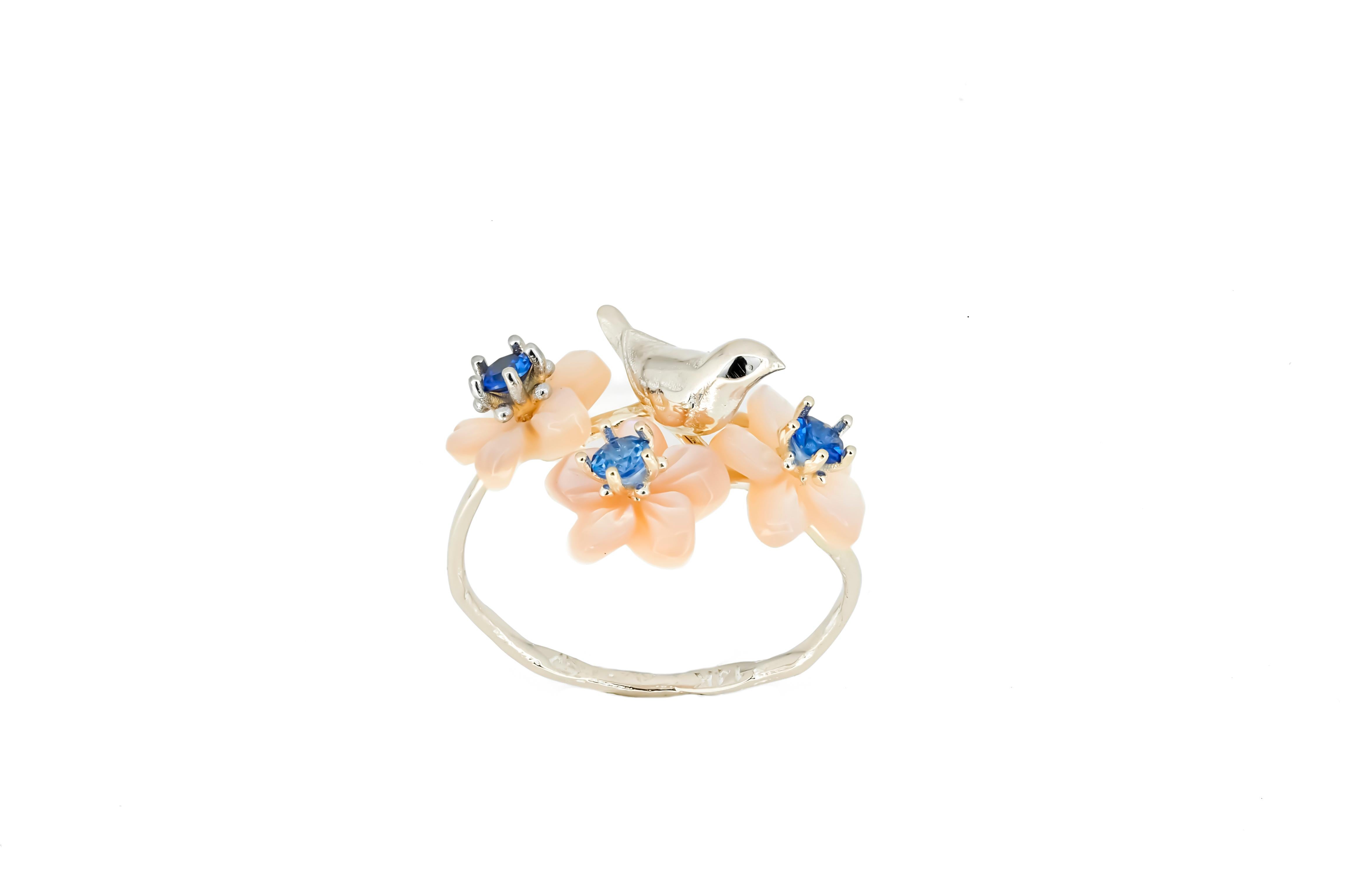 14k Gold Bird on Branch Ring with Sapphires and Carved Mother of Pearl Flowers 8