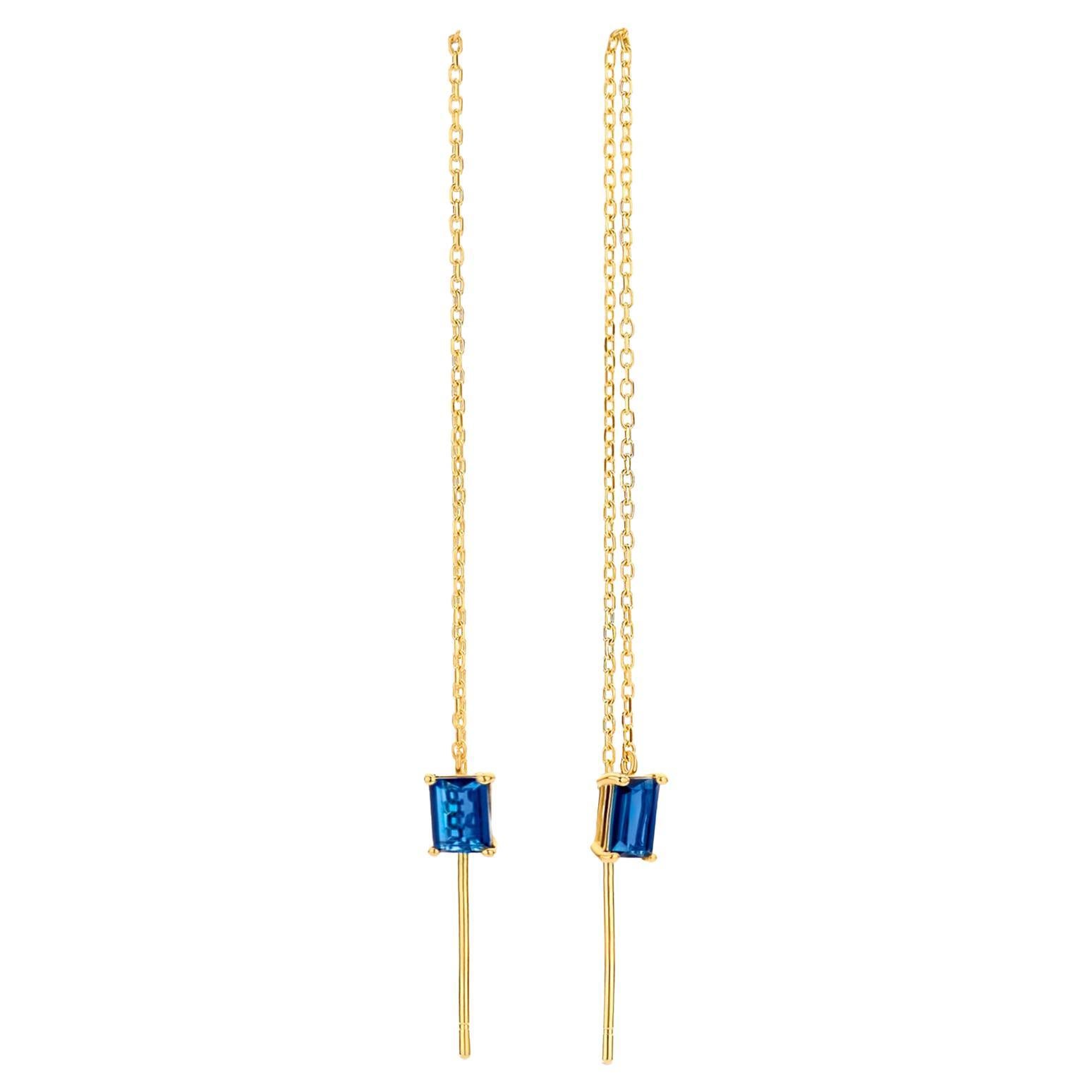 14k Solid Gold Drop Earrings with Blue Sapphire, Chain Gold Earrings
