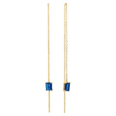 14k Solid Gold Drop Earrings with Blue Sapphire, Chain Gold Earrings