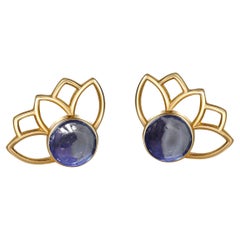Lotus Earrings Studs with Sapphires in 14k Gold, Blue Sapphire Gold Earrings