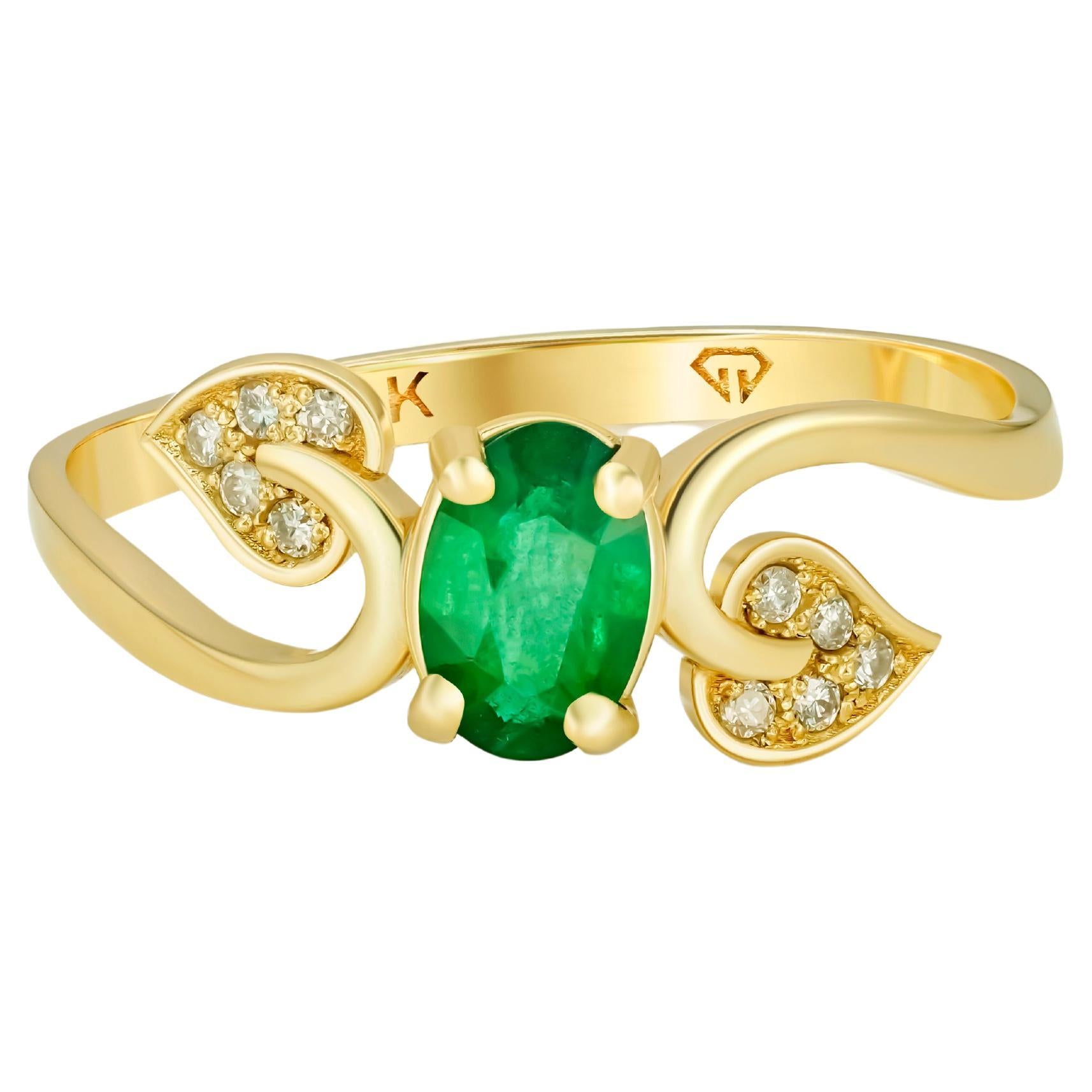 Genuine Emerald 14k Gold Ring, Emerald Engagement Ring For Sale