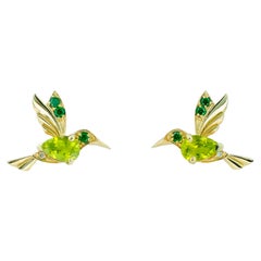14k Gold Hummingbird Earings Studs with Peridot, Peridot Gold Stud Earrings