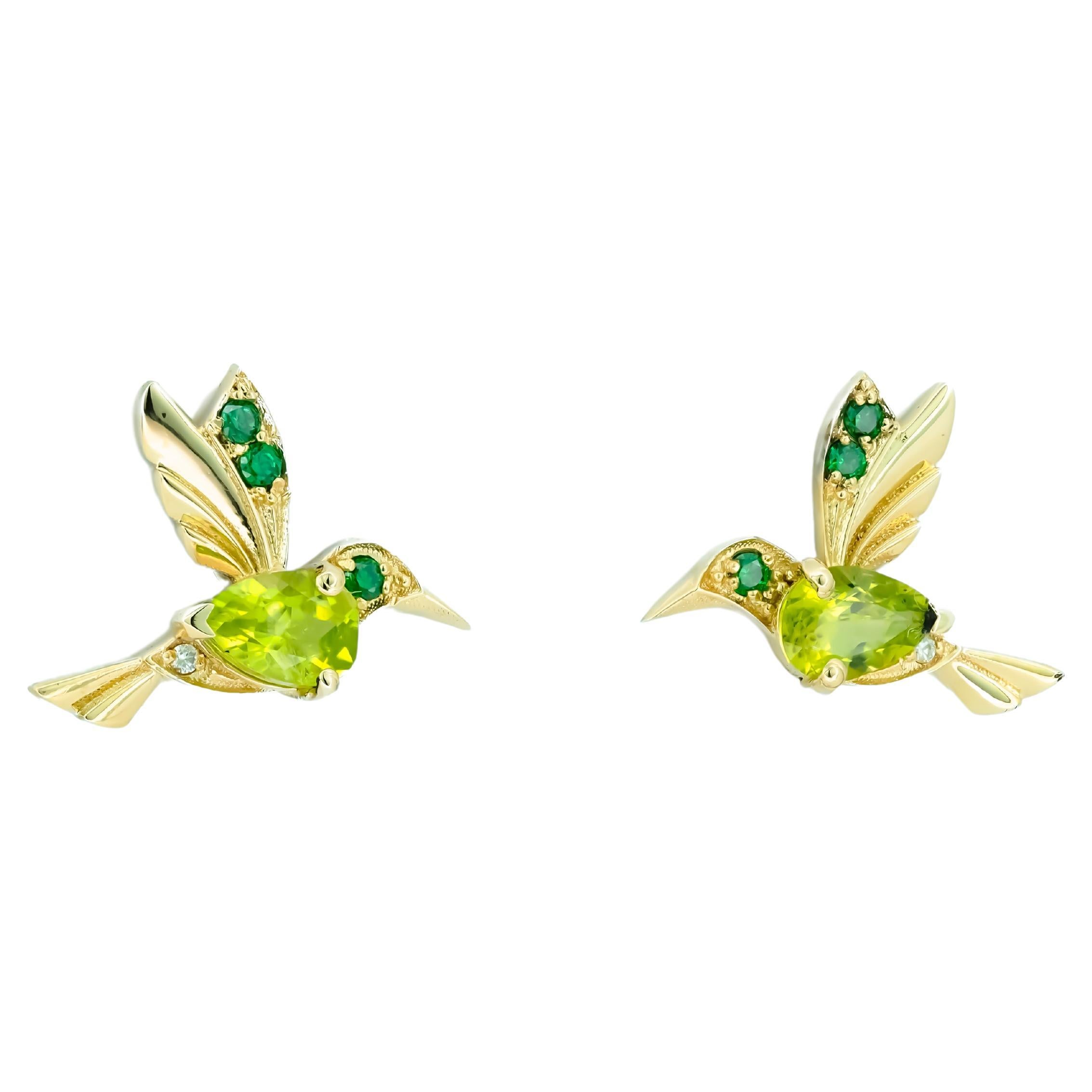 14k Gold Hummingbird Earings Studs with Peridot, Peridot Gold Stud