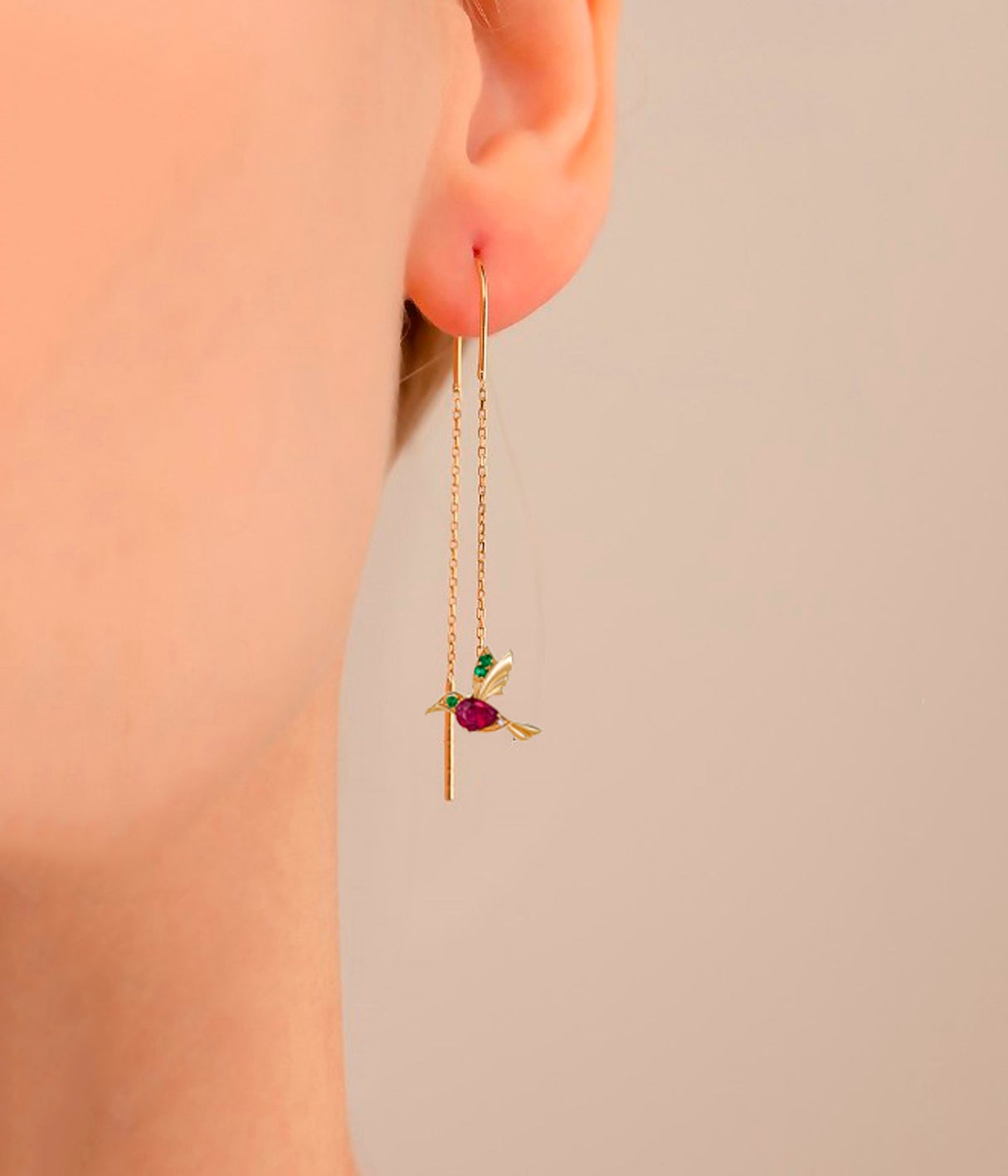 Modern Hummingbird Threader Earrings  with Rubies in 14k Gold